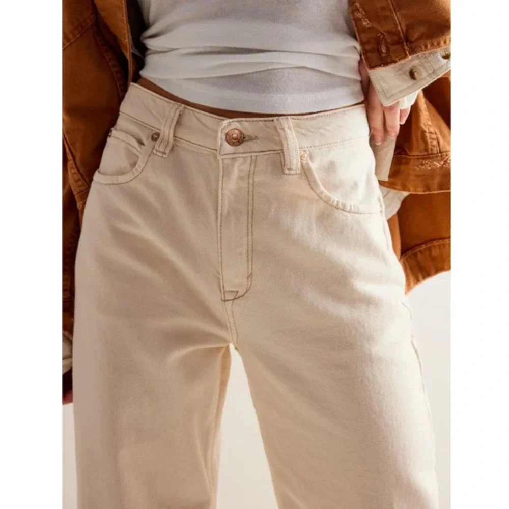 NEW FREE PEOPLE WE THE FREE ECRU TINSLEY BAGGY HIGH RISE STRAIGHT LEG JEANS 32